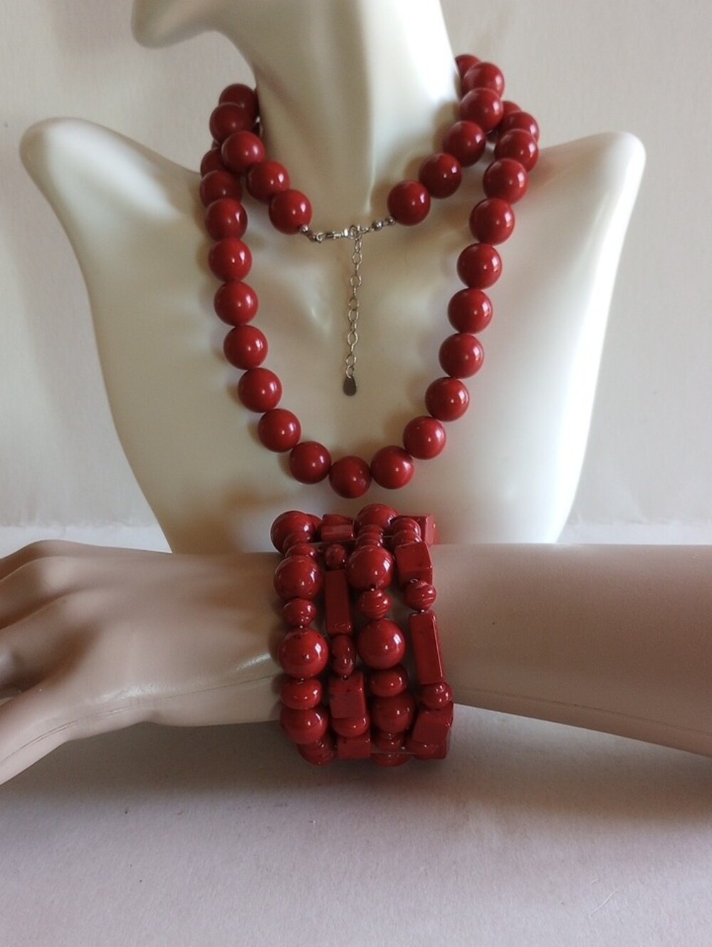 Sterling Silver ATI CN 925 Red Faux Coral Necklace & bracelet Set Lot